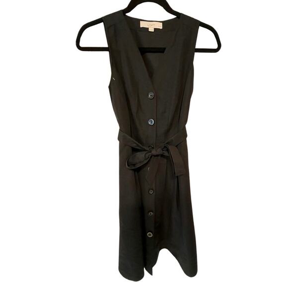 Ann Taylor LOFT Black Minimalist Button Front Tie Waist Dress OP Petite NWT work - Picture 5 of 12